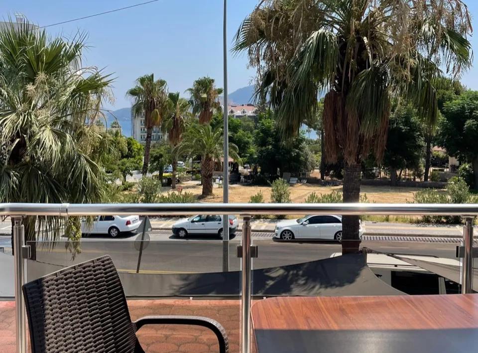 Balkondan cadde ve palmiye manzarası