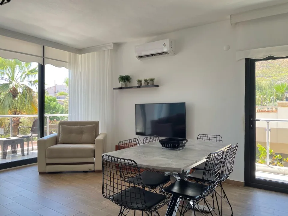 Salon ve yemek alanı — televizyon ve balkona açılan cam kapılar