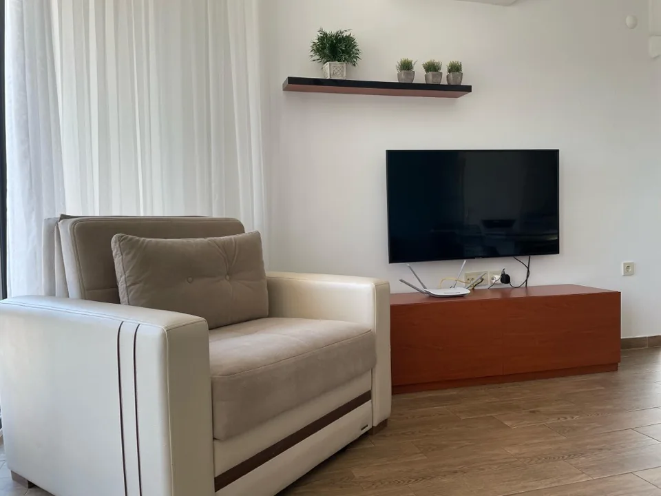 Oturma köşesi — berjer ve ahşap ünite üzerinde televizyon