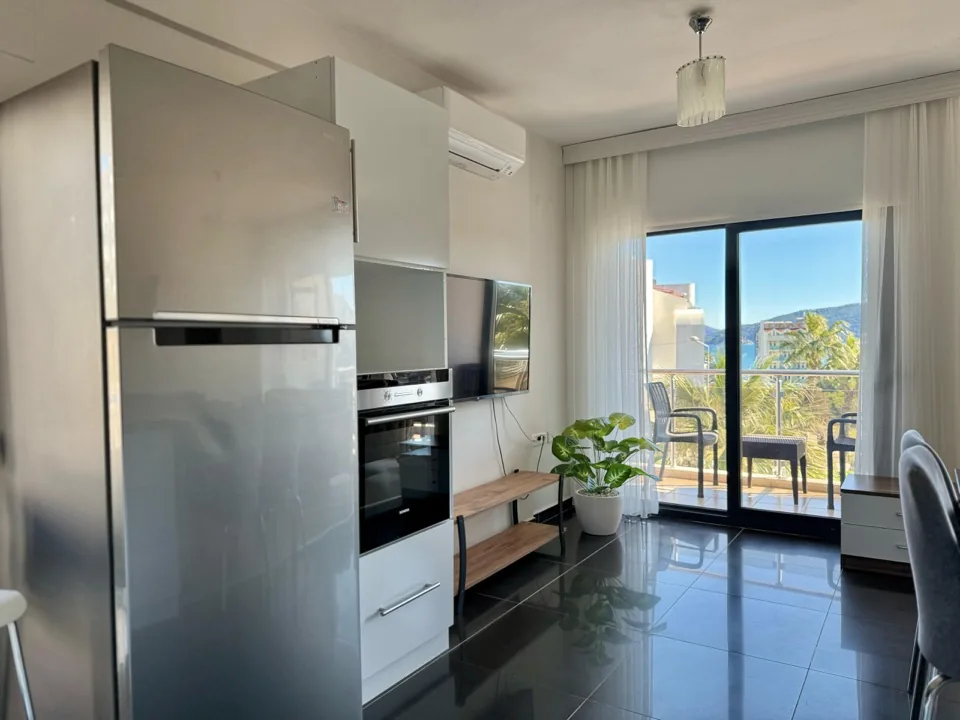 Mutfak — çelik buzdolabı, ankastre fırın, arkada balkon