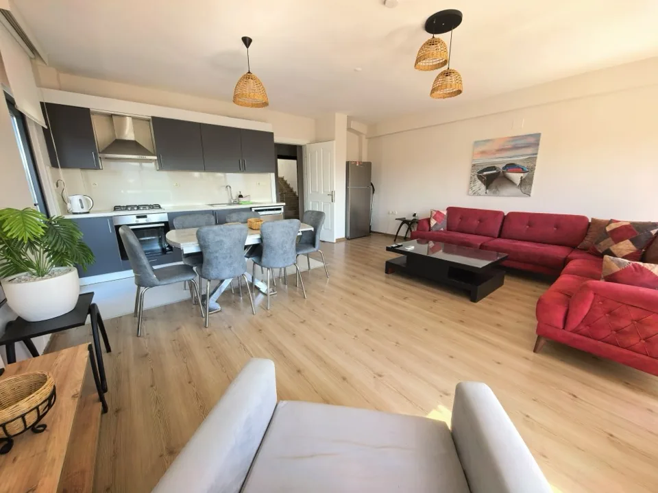 Salon ve açık mutfak — gri dolaplar, yemek masası ve oturma grubu