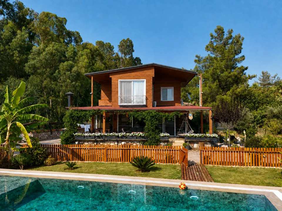 Villa Kaktüs havadan — ahşap villa, verandası ve havuz