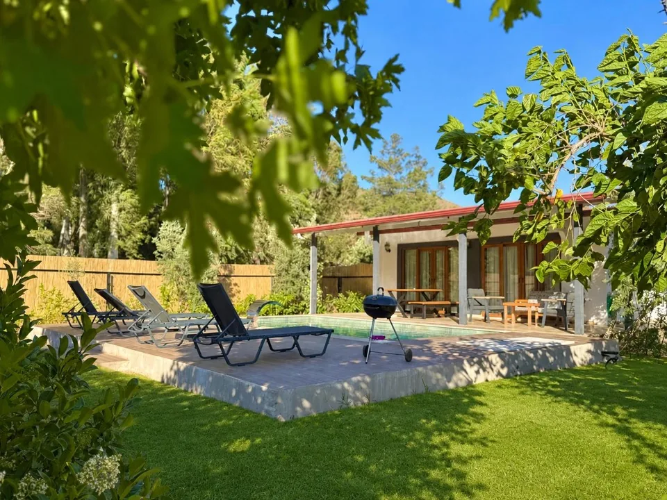 Çim bahçeden havuz ve villa